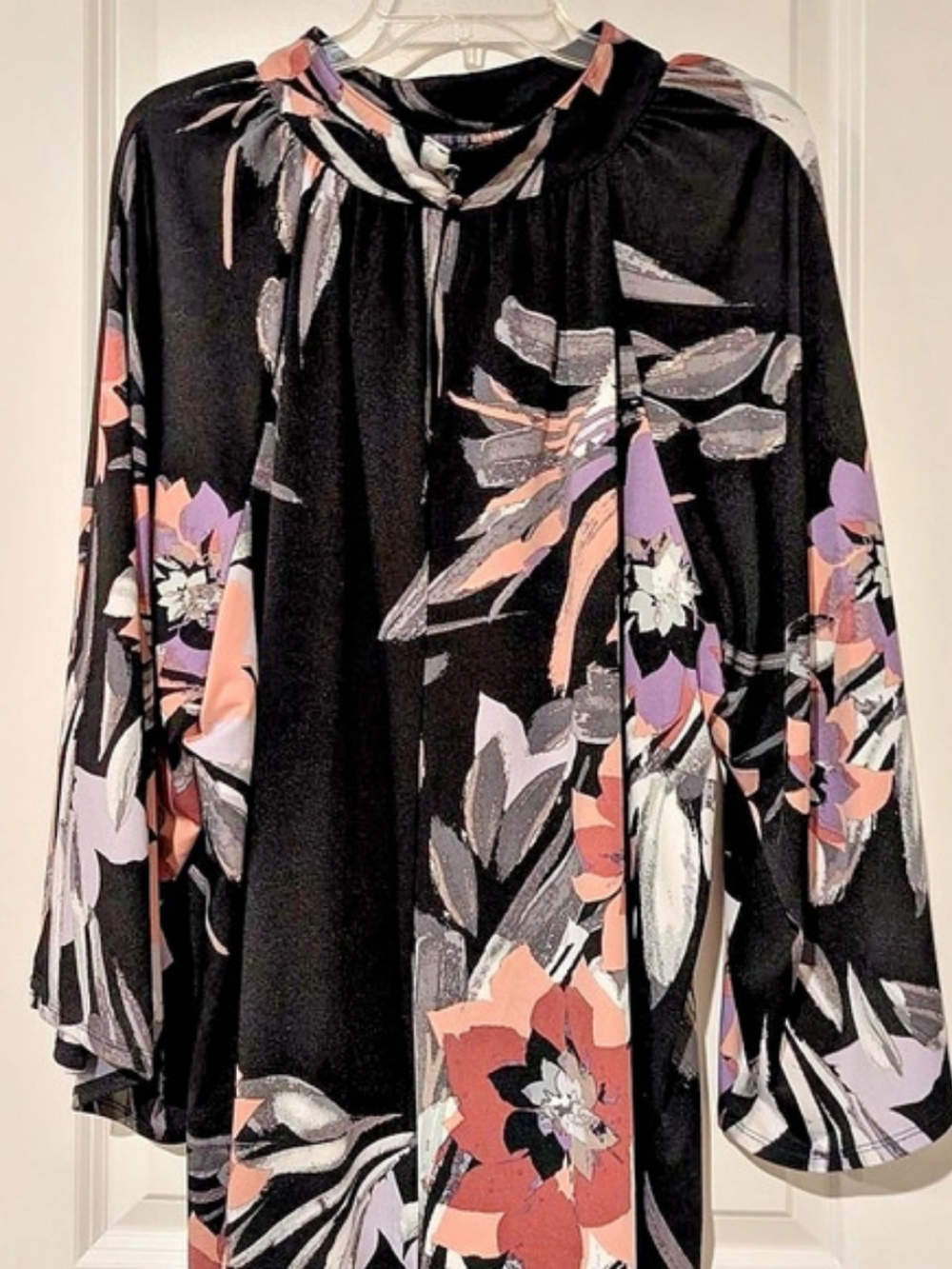 Karl Lagerfeld Paris Black Pink Floral Bell Sleeve Blouse